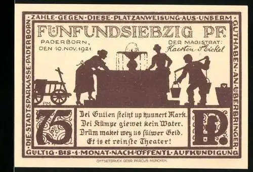 Notgeld Paderborn 1921, 75 Pfennig, Magistra, Kübelträger, Paterskirche Illustration