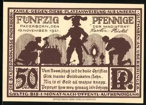 Notgeld Paderborn, 1921, 50 Pfennig, Abbildung von Silhouetten und dem Dom zu Paderborn