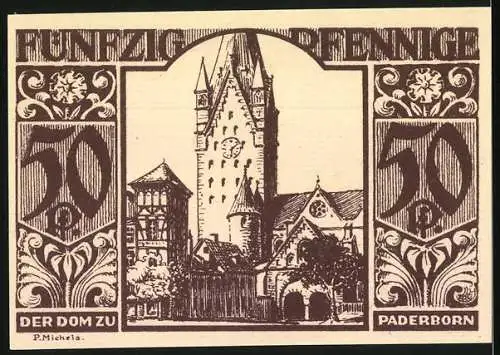 Notgeld Paderborn, 1921, 50 Pfennig, Abbildung von Silhouetten und dem Dom zu Paderborn