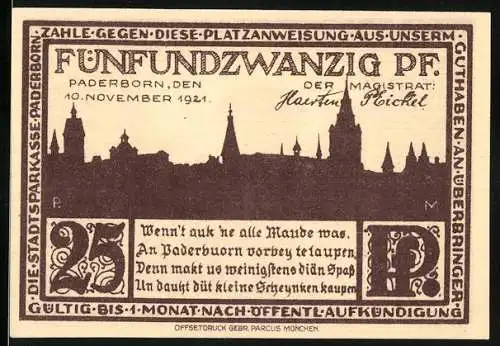 Notgeld Paderborn 1921, 25 Pfennig, Stadtansicht und historische Gebäude