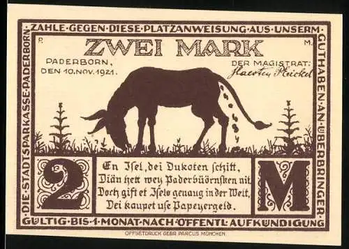 Notgeld Paderborn, 1921, Zwei Mark, Eselmotiv und Eselgasse, herausgegeben von der Stadtsparkasse Paderborn