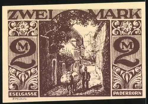 Notgeld Paderborn, 1921, Zwei Mark, Eselmotiv und Eselgasse, herausgegeben von der Stadtsparkasse Paderborn