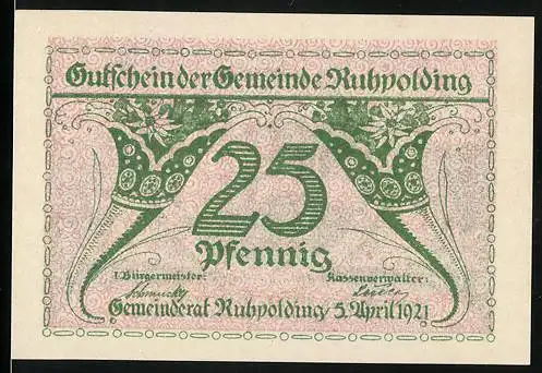 Notgeld Ruhpolding 1921, 25 Pfennig, Gutschein der Gemeinde mit Flugzeugmotiv