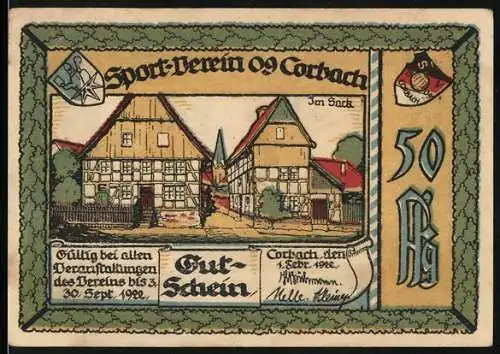 Notgeld Corbach 1922, 50 Pf, Sport-Verein 09 Korbach, Gut-Schein mit Vereinsgebäude und Sportler