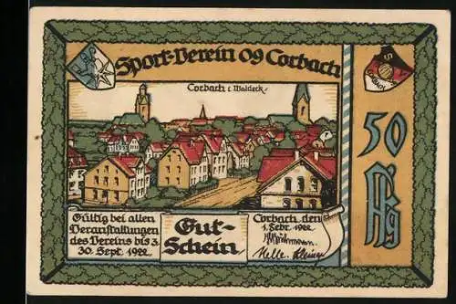 Notgeld Corbach 1922, 50 Pfennig, Sport-Verein 09 Corbach, Gültig bis 30. Sept. 1922, Stadtansicht und Sportmotiv