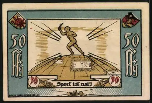 Notgeld Corbach 1922, 50 Pfennig, Sport-Verein 09 Corbach, Gültig bis 30. Sept. 1922, Stadtansicht und Sportmotiv