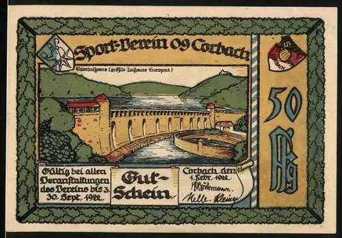 Notgeld Corbach 1922, 50 Pfennig, Sport-Verein 09 Corbach mit Stausee, Rückseite Statue mit Text Sport ist not!