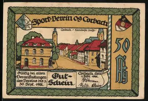 Notgeld Corbach 1922, 50 Pfennig, Sportverein 09 Corbach Gutschein mit Stadtansicht und Sportmotiv