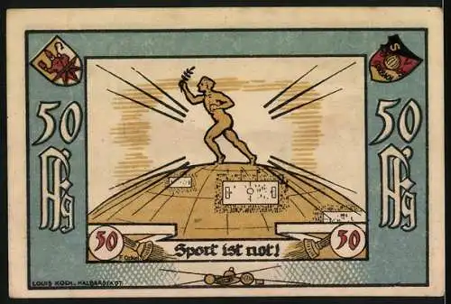 Notgeld Corbach 1922, 50 Pfennig, Sportverein 09 Corbach Gutschein mit Stadtansicht und Sportmotiv