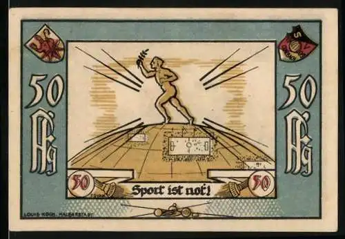 Notgeld Corbach 1922, 50 Pfennig, Darstellung von Sportler und Schloss Waldeck, Sport-Verein 09 Corbach