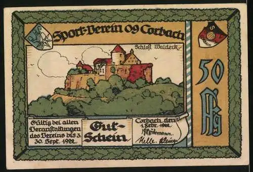 Notgeld Corbach 1922, 50 Pfennig, Darstellung von Sportler und Schloss Waldeck, Sport-Verein 09 Corbach