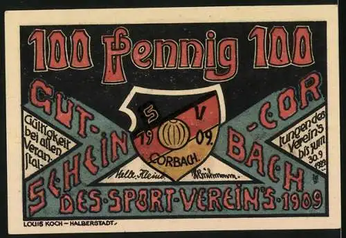 Notgeld Corbach, 1921, 100 Pfennig, Alt Corbach-Dalwigker Tor und Sportverein 1909