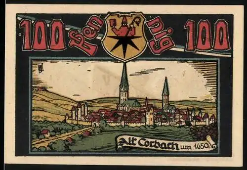 Notgeld Corbach, 1909, 100 Pfennig, Alt Corbach um 1650, Gutschein des Sport-Vereins 1909