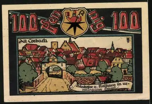 Notgeld Corbach, 1921, 100 Pfennig, Sport-Verein 1909 und Altstadt mit Rathaus und Frankentor