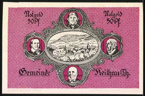 Notgeld Keilhau 1921, 50 Pfennig, Porträt eines Mannes mit Dorfansicht und vier Porträts auf der Rückseite