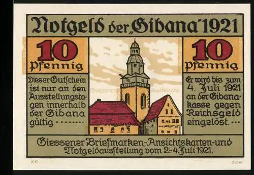 Notgeld Giessen 1921, 10 Pfennig, Ausstellung innerhalb der Gibana, Justus Liebig Porträt