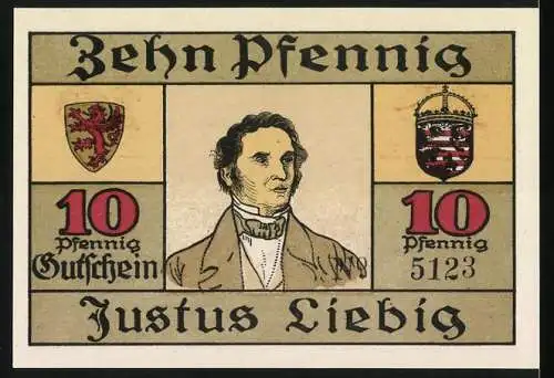 Notgeld Giessen 1921, 10 Pfennig, Ausstellung innerhalb der Gibana, Justus Liebig Porträt