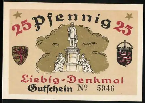 Notgeld Giessen 1921, 25 Pfennig, Liebig-Denkmal und Heidenturm mit Schloss, Gutschein Nr. 5946
