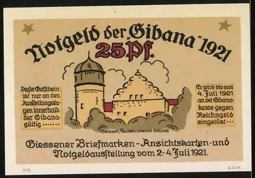 Notgeld Giessen 1921, 25 Pfennig, Liebig-Denkmal und Heidenturm mit Schloss, Gutschein Nr. 5946