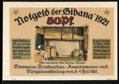 Notgeld Giessen 1921, 50 Pfennig, Liebigs Laboratorium und chemischer Ofen, Gutschein No. 5067
