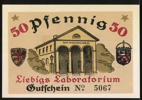 Notgeld Giessen 1921, 50 Pfennig, Liebigs Laboratorium und chemischer Ofen, Gutschein No. 5067