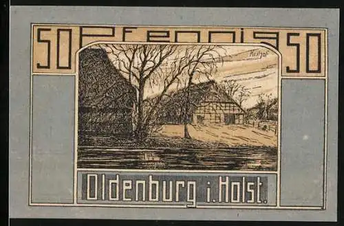 Notgeld Oldenburg i. Holst., 1921, 50 Pfennig, Landschaft und Firma J. Iwersen