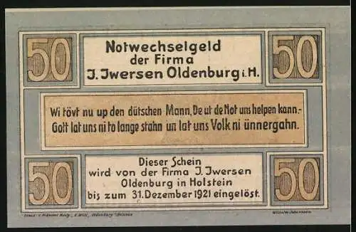 Notgeld Oldenburg i. Holst., 1921, 50 Pfennig, Landschaft und Firma J. Iwersen