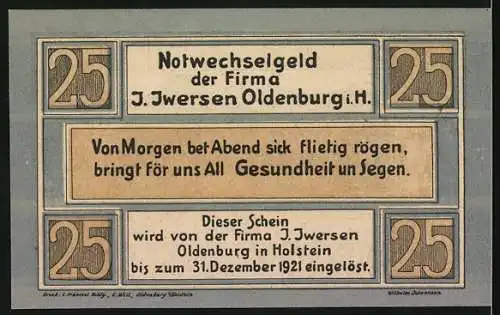 Notgeld Oldenburg i. Holst, 1921, 25 Pfennig, Alter Hof Notwechselgeld der Firma J. Iwersen, Einlösung bis zum 31. Dez