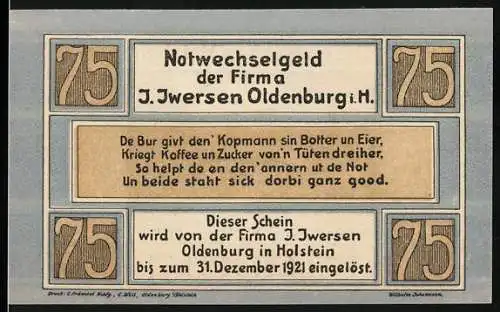 Notgeld Oldenburg 1921, 75 Pfennig, Firma J. Iwersen und Alter Hof Abbildung