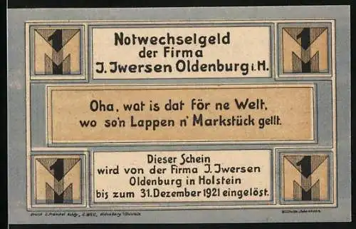 Notgeld Oldenburg 1921, 1 Mark, Firma J. Iwersen Oldenburg i.H., mit Abbildung des Geschäftshauses