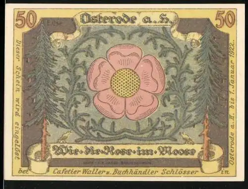 Notgeld Osterode a.H., 1922, 50 Pfennig, Rose im Moos und historische Figuren vor einem Tor