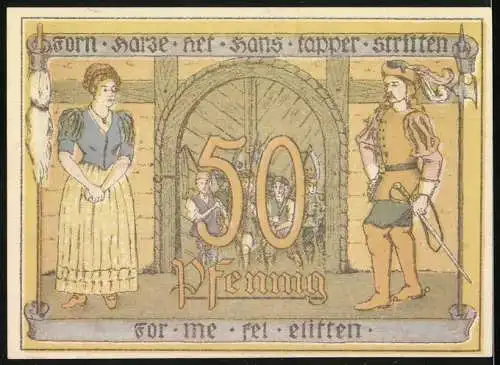 Notgeld Osterode a.H., 1922, 50 Pfennig, Rose im Moos und historische Figuren vor einem Tor