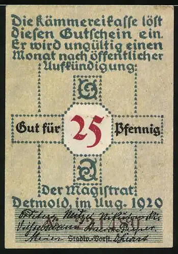 Notgeld Detmold, 1920, 25 Pfennig, Deutsche Einigkeit meine Stärke, Deutschlands Macht