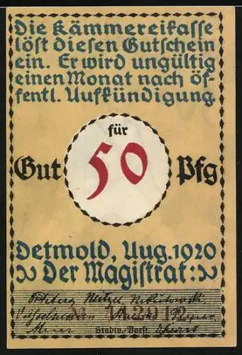 Notgeld Detmold, 1920, 50 Pfennig, Soldat marschiert mit Gewehr vor Stadtsilhouette