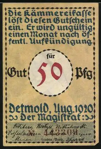 Notgeld Detmold, 1920, 50 Pfennig, Soldat marschiert in den Krieg