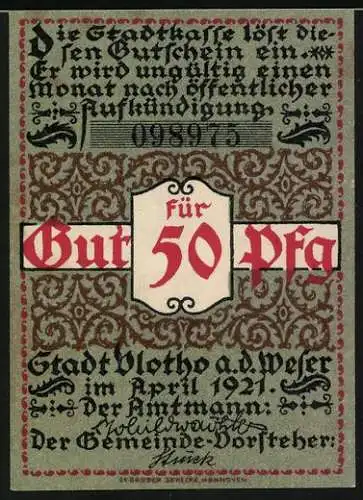 Notgeld Vlotho, 1921, 50 Pfennig, rauchender Mann mit Zigarre und Stadtwappen