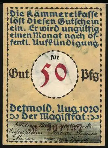 Notgeld Detmold, 1920, 50 Pfennig, Soldat marschiert in den Krieg