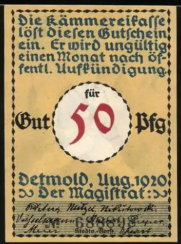 Notgeld Detmold 1920, 50 Pfennig, Soldat mit Gewehr und Inschrift und der musst marschieren in den Krieg