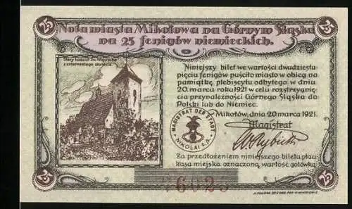 Notgeld Nikolai / Oberschlesien 1921, 25 Pfennig, Stadtansicht und Magistratsstempel