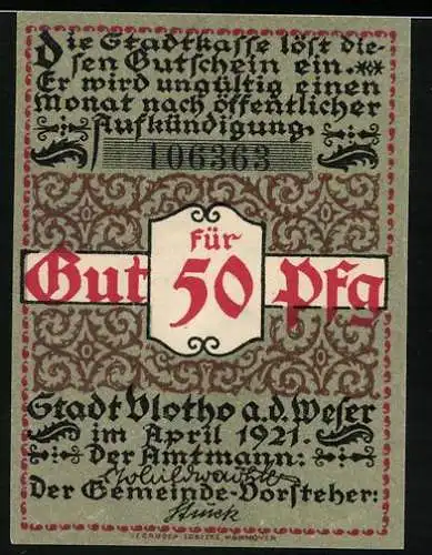 Notgeld Vlotho a.d. Weser, 1921, 50 Pfennig, Mann mit Zigarre und Fabrikhintergrund