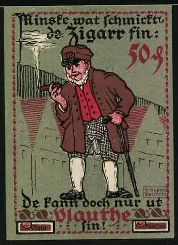 Notgeld Vlotho a.d. Weser, 1921, 50 Pfennig, Mann mit Zigarre und Fabrikhintergrund