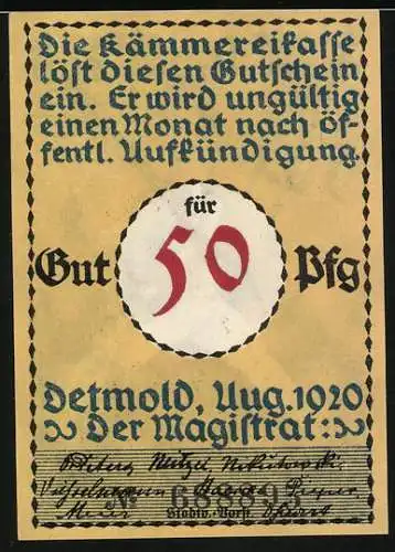 Notgeld Detmold, 1920, 50 Pfennig, Soldat marschiert in den Krieg