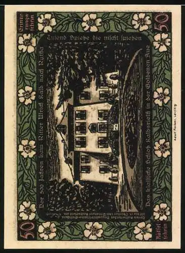 Notgeld Kalbsrieth 1921, 50 Pfennig, Ritter Ulrich Schloss mit Blumenmuster und Gedicht