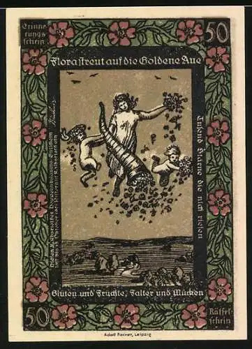 Notgeld Kalbsrieth, 50 Pfennig, Flora streut auf die Goldene Aue, Blüten und Früchte, Falter und Mücken
