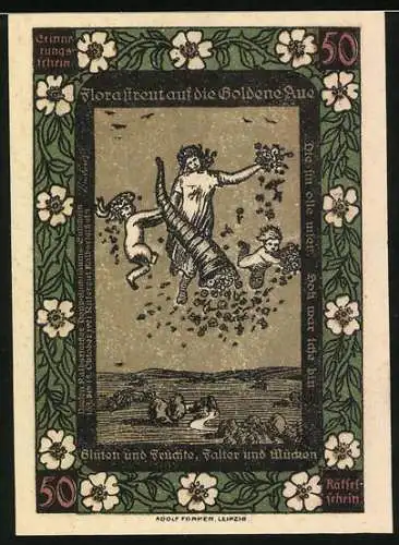 Notgeld Kalbsrieth, 1921, 50 Pfennig, Silhouette Frau und Teufel, Flora streut auf die Goldene Aue