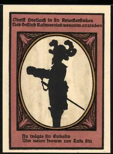 Notgeld Kalbsrieth, 1921, 50 Pfennig, Silhouette eines Soldaten und Dorflandschaft mit Kirche und Bäumen