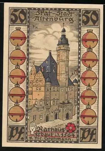 Notgeld Altenburg, 1921, 50 Pfennig, Rathaus Altenburg und Spielkarte Design