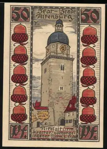 Notgeld Altenburg, 1921, 50 Pfennig, Nicolaiturm und spielkartenähnliche Darstellung mit Herzsymbolen