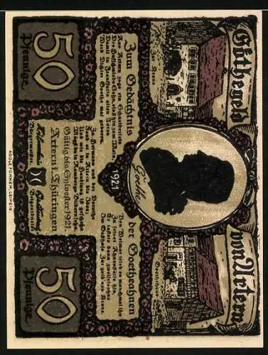 Notgeld Artern 1921, 50 Pfennig, Gedenkbild und Text für Goethe