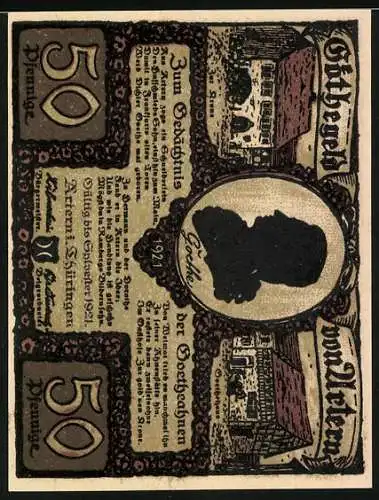 Notgeld Artern 1921, 50 Pfennig, Illustration von zwei Frauen beim Waschen und ein Porträt auf der Rückseite